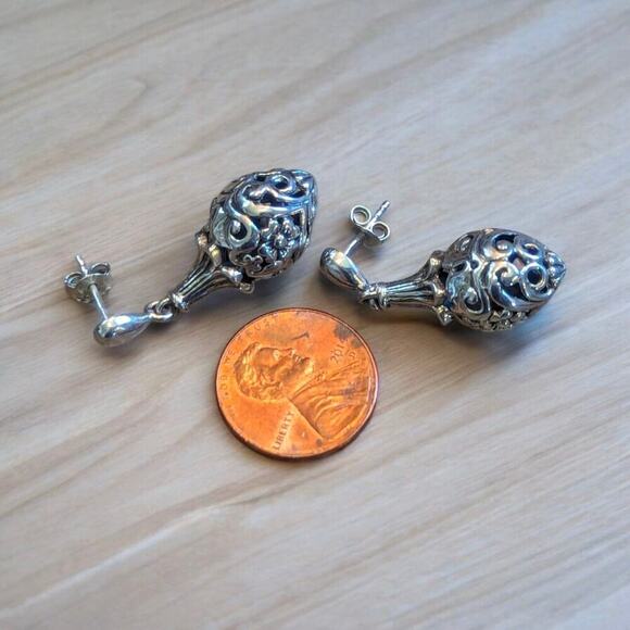 Sterling Silver Earrings Egg Shaped Dangle Drop Floral Filigree Pierced 925 - Picture 2 of 2